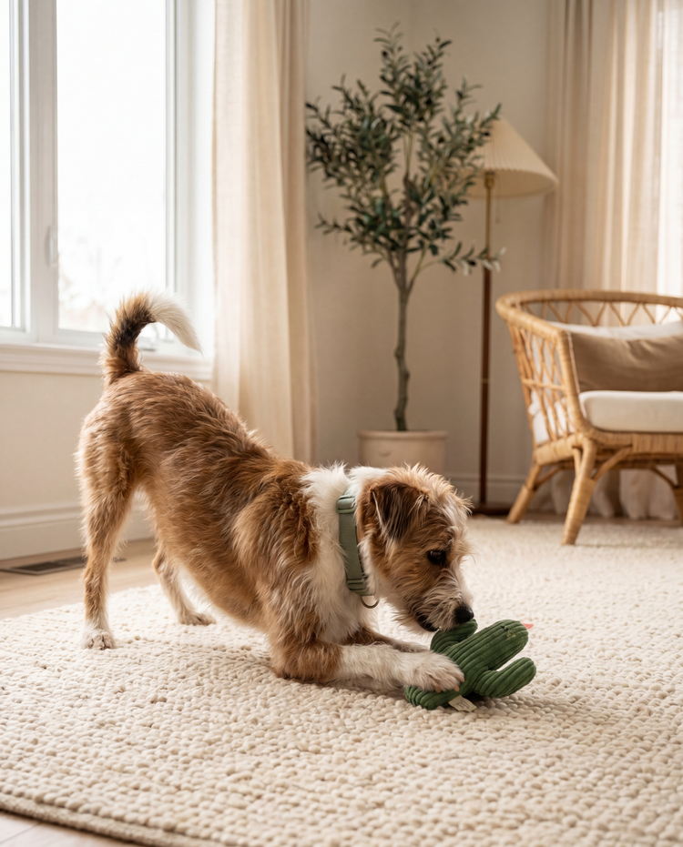 pawrr brand story - dog playing with toy in modern apartment