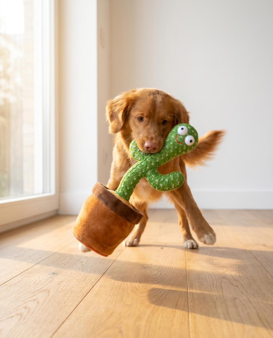 dog playing with the cactus snuggle plush